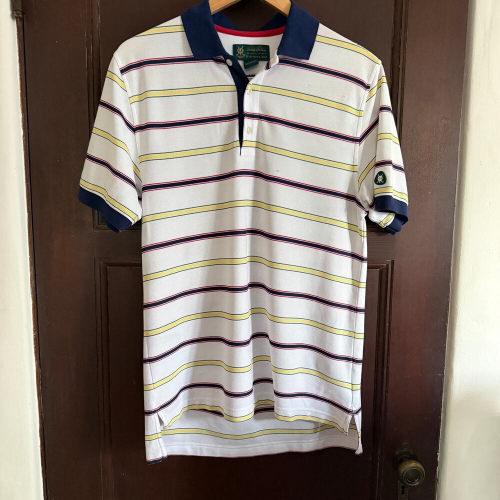 BROOKS BROTHERS St. Andrews Links White Red Blue Yellow stripe polo shirt Small